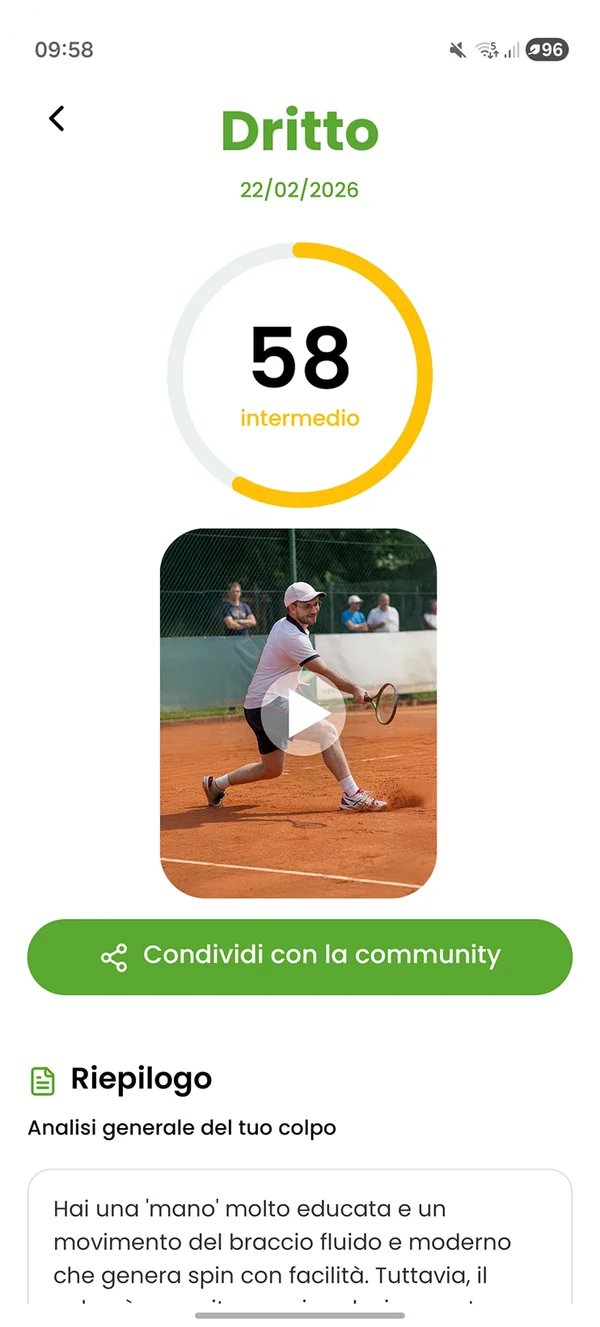 La schermata TennisIA con il punteggio e l'analisi del colpo