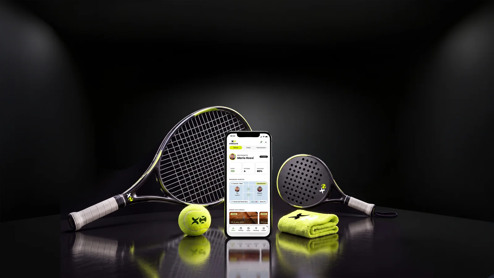 The Xrebound app alongside tennis and padel rackets