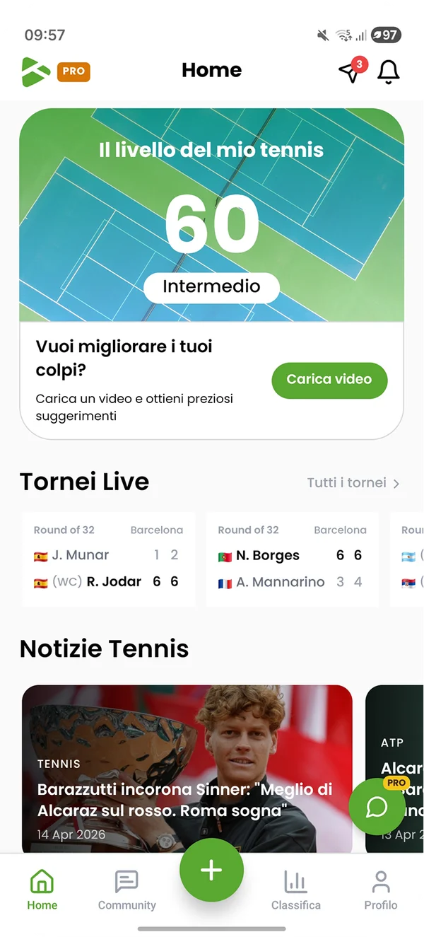 La home di TennisIA con il livello del giocatore