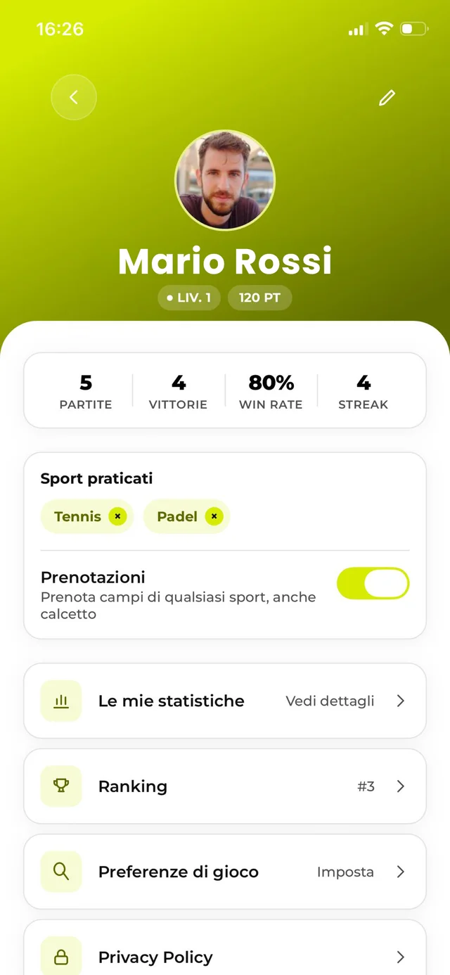 Xrebound player profile with sports stats and level