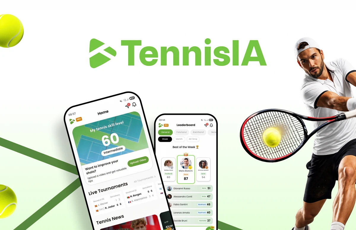 TennisIA: l'app per il tennis, con schermate home e classifica e un giocatore in campo